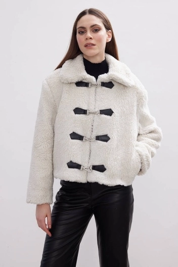 BE BLUE - EKRU PELUŞ CROP CEKET