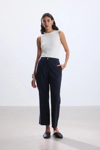 BE BLUE - LACİVERT KISA STRAIGHT PAMUK KETEN PANTOLON