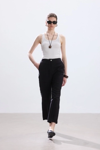 BE BLUE - SİYAH KISA STRAIGHT PAMUK KETEN PANTOLON